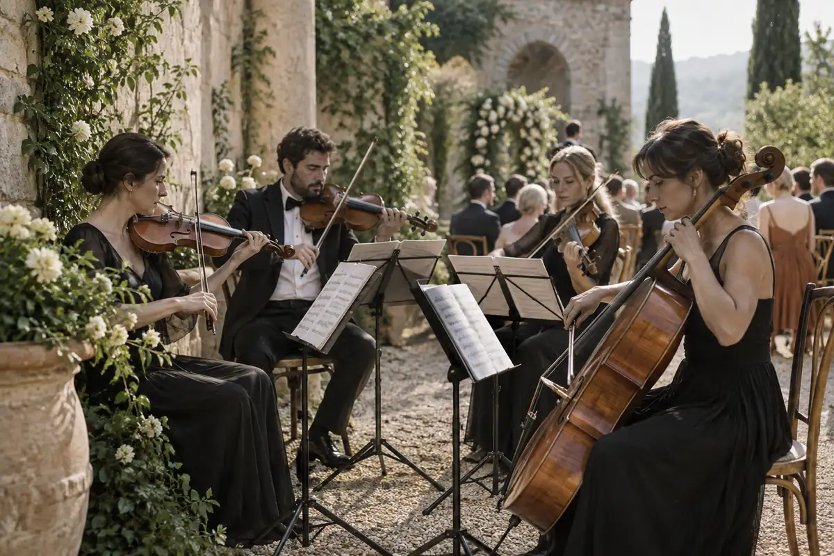 Un cuarteto de cuerdas toca en un patio de piedra iluminado por el sol durante una boda, con un violonchelo en primer plano