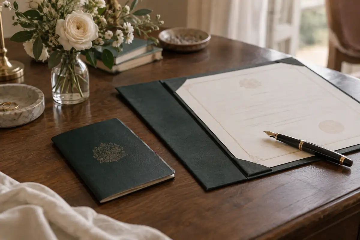 Un pasaporte, un certificado de matrimonio en una carpeta y una pluma estilográfica sobre un escritorio de madera, junto a un pequeño florero