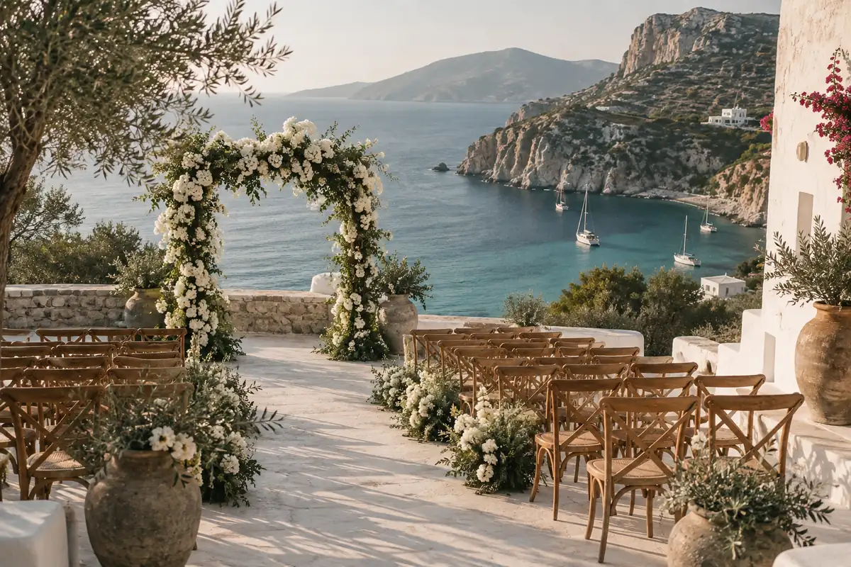 Una ceremonia de boda preparada en una terraza encalada sobre una bahía turquesa del Mediterráneo, con filas de sillas de madera, un arco de buganvilla blanca y luz de media tarde