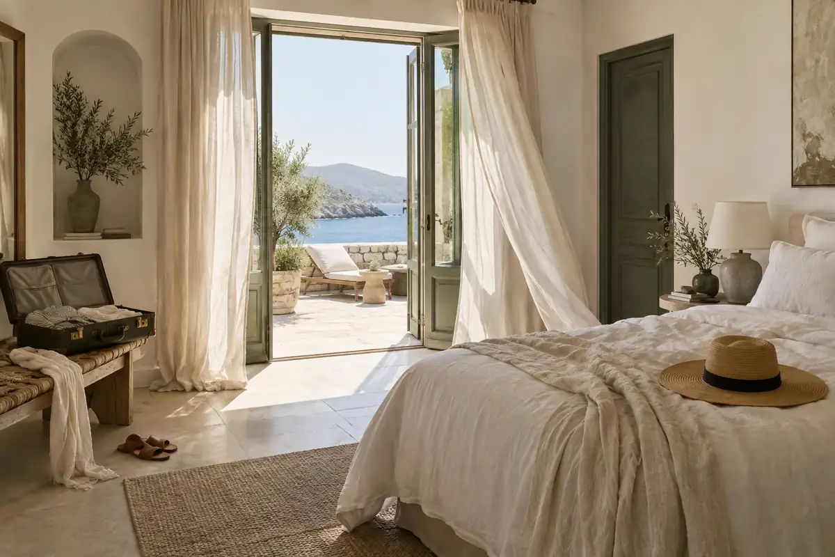Una habitación de un hotel boutique encalado que se abre al mar, con cortinas de lino movidas por la brisa y un sombrero de paja sobre la cama