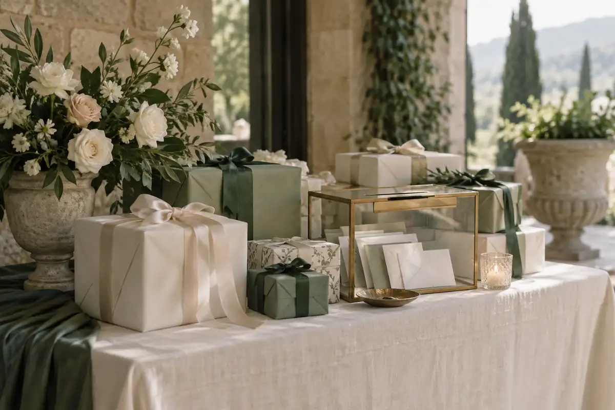 Una mesa de regalos de boda con cajas envueltas con esmero en papel blanco y verde salvia, cintas de seda, una caja para tarjetas y un pequeño ramo