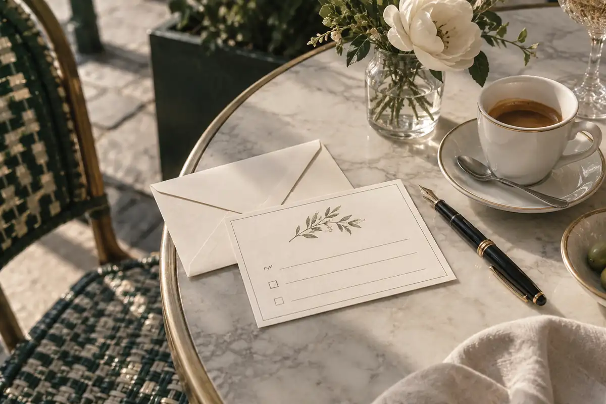 Una tarjeta de confirmación a medio llenar y su sobre sobre una mesa de mármol de café, junto a un espresso y una pluma estilográfica