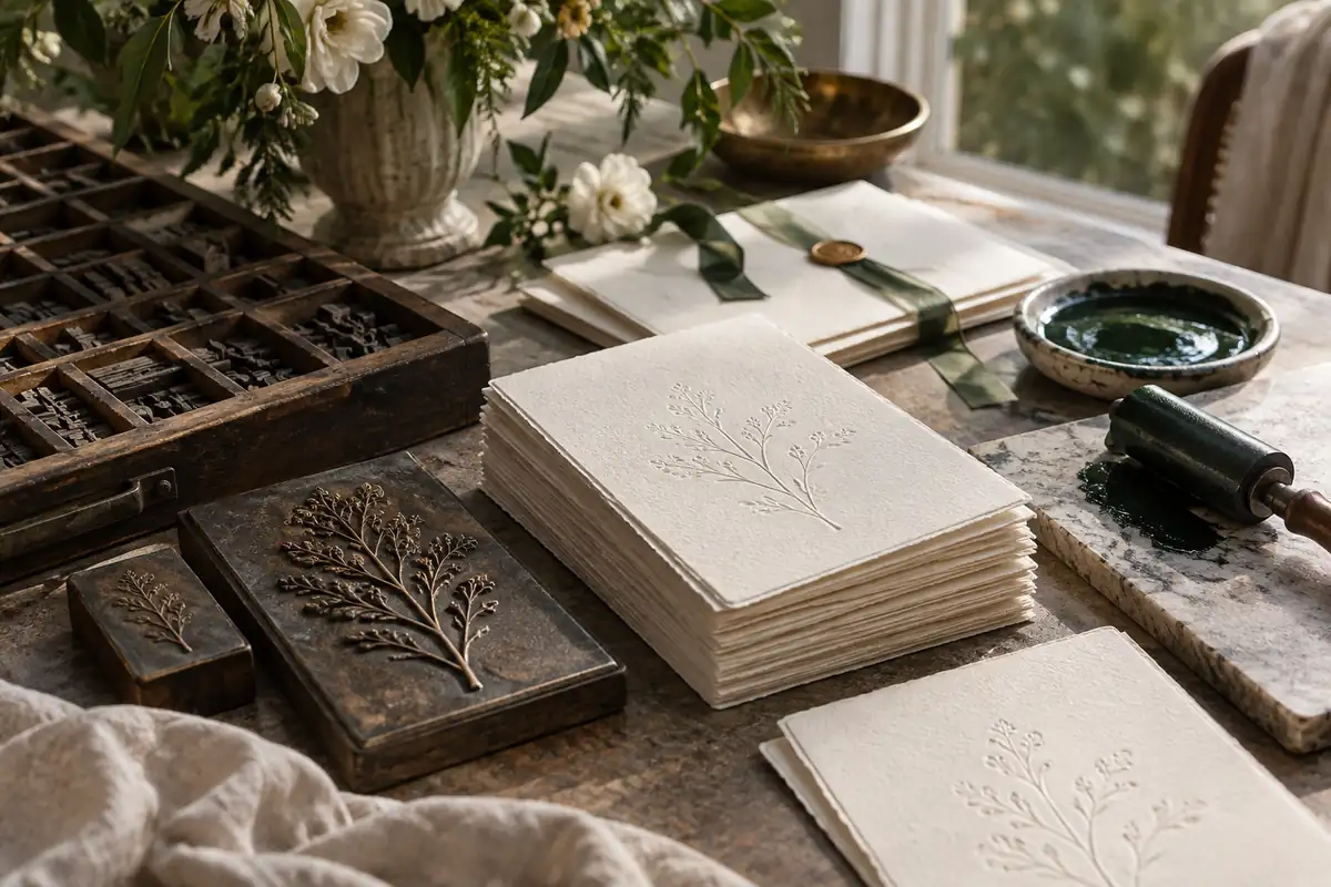 Planchas de impresión tipográfica y una caja de tipos móviles junto a una pila de tarjetas de boda de algodón color crema