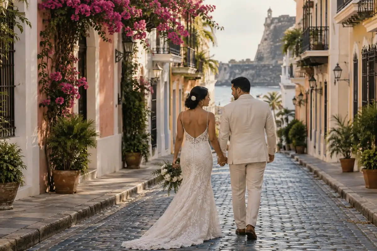 Una pareja de recién casados camina de la mano por una calle de adoquines azules del Viejo San Juan, entre casas de colores pastel