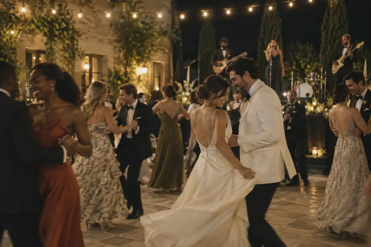 Una pista de baile de boda de noche bajo guirnaldas de bombillas cálidas, con parejas bailando y una banda al fondo