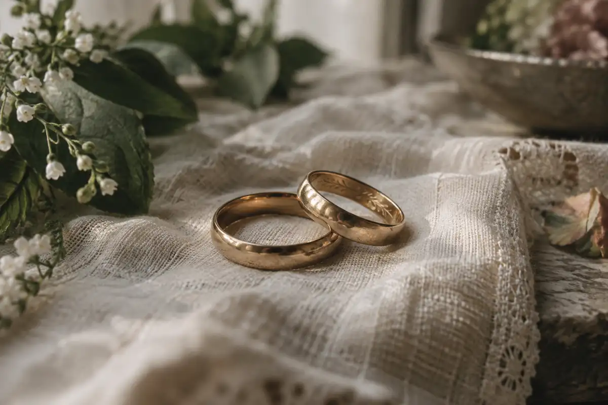 Dos aros de boda lisos de oro sobre un lino antiguo, uno inclinado para mostrar un delicado grabado en su interior