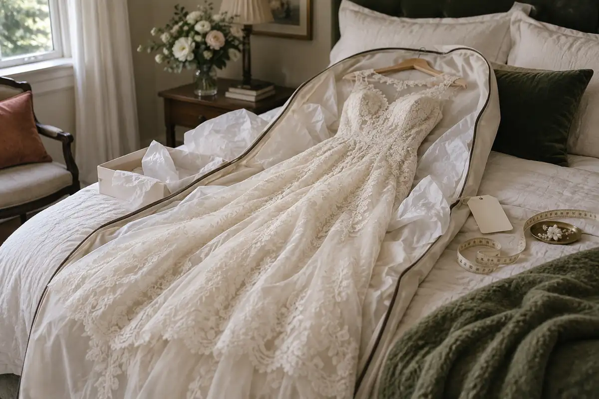 Un vestido de novia vintage de encaje marfil en un portatrajes abierto sobre una cama, con papel de seda, una etiqueta y una cinta de medir, bajo la luz suave del día en una habitación sencilla