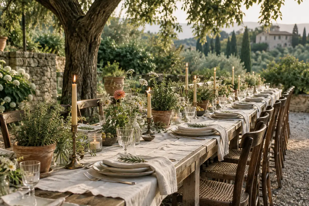 Una mesa larga de boda decorada con hierbas en macetas, flores de jardín de temporada en frascos de vidrio reutilizados, servilletas de lino y velas de cera de abejas, al aire libre bajo los árboles