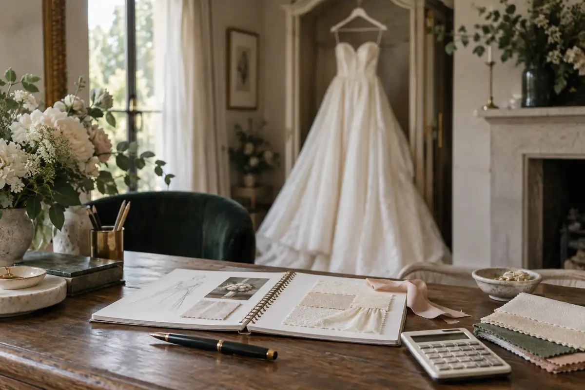 Un vestido de novia marfil en una percha, desenfocado, detrás de un escritorio ordenado con una libreta de planificación, una calculadora pequeña, una pluma fuente y muestras de tela