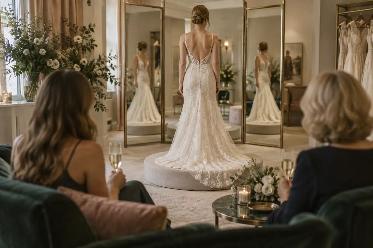 Una futura novia vista de espaldas, de pie sobre una tarima redonda de pruebas en una tienda de novias, frente a un espejo de tres lunas; al fondo, desenfocadas, una amiga y su madre sentadas en un sofá de terciopelo con copas de champán