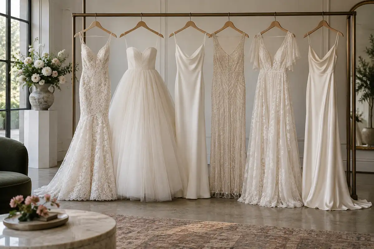 Una percha con seis vestidos de novia muy distintos en un salón luminoso: un sirena de encaje, un vestido de baile strapless de tul, un tubo minimalista de crepé, un vestido recto con pedrería al estilo de los años veinte, un vestido bohemio con mangas de volante y un slip de seda marfil